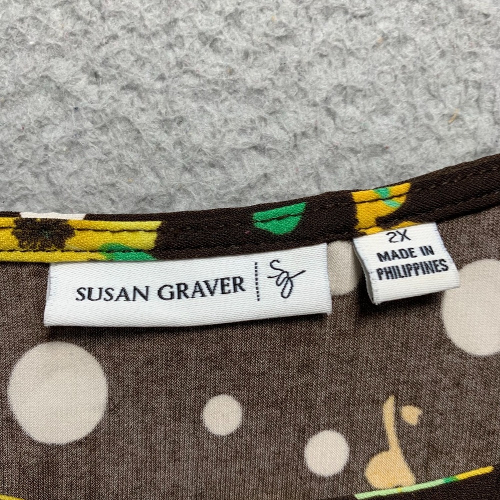 SUSAN GRAVER Blouse Womens 2X Top Floral Art To Wear Brown - Picture 3 of 8